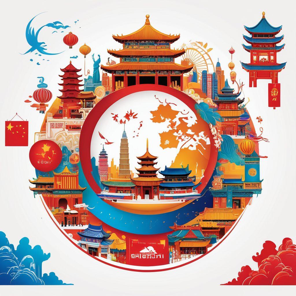 A dynamic and bustling global marketplace with Chinese brands' logos and products prominently displayed, blending seamlessly with iconic landmarks from various countries. Vibrant colors, featuring both traditional cultural elements and modern technological advancements, symbolize the fusion and impact of 'Made in China' on the world stage. Vector art. vibrant colors. white background.