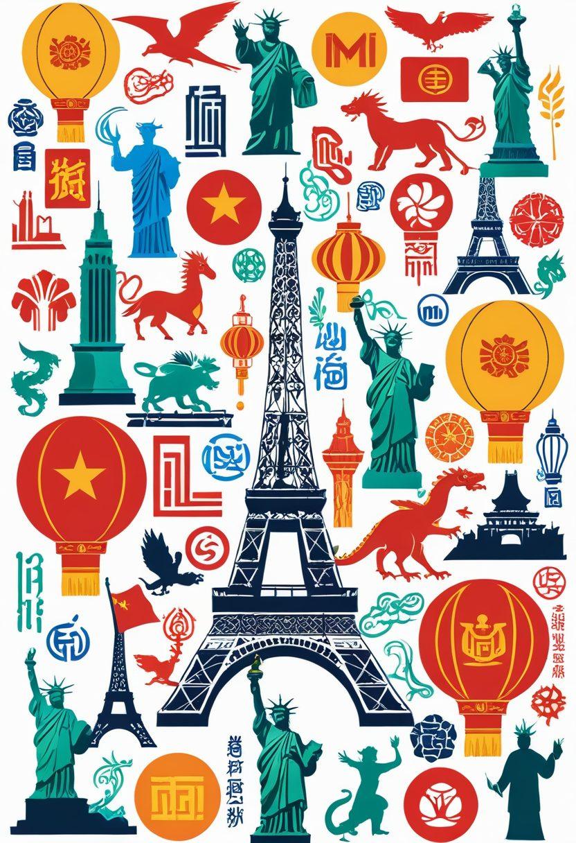 A dynamic collage featuring logos of emerging Chinese brands like Xiaomi, Huawei, and Alibaba, intertwined with global landmarks like the Eiffel Tower and Statue of Liberty. Icons of modern technology, such as smartphones and e-commerce symbols, blend seamlessly with traditional Chinese elements like dragons and lanterns, symbolizing the fusion of heritage and innovation. Vector art. vibrant colors. white background.