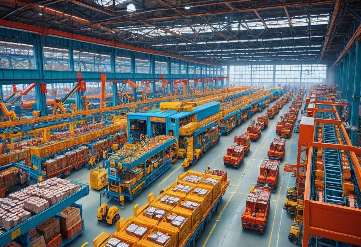 A sprawling Chinese factory with assembly lines producing a diverse range of goods, seamlessly transitioning into a bustling global marketplace with people from various cultures and shopping carts. The image should depict the journey of the products from manufacturing to worldwide distribution. Add elements like cargo ships, airplanes, and global currency symbols in the background. super-realistic. vibrant colors.